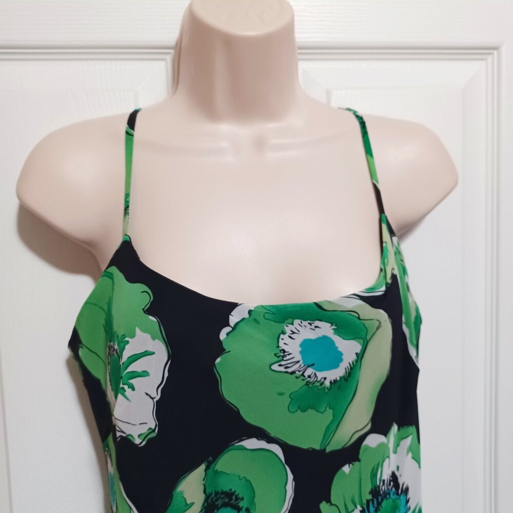 Vintage Rena Rowan Asymmetrical Spaghetti Strap Dress Green Blue Floral Size 12 - Picture 3 of 13